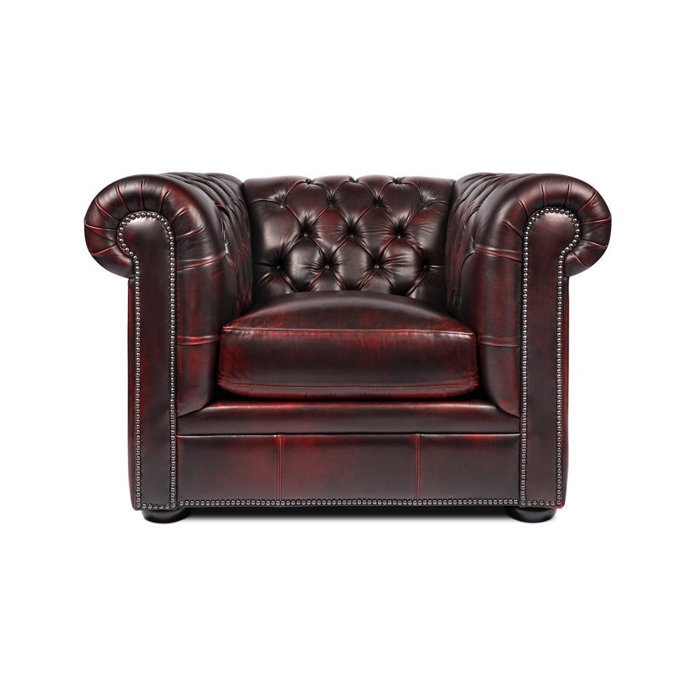 The Henry Lounge Chair Peter James Co red brown leaher chair Classic